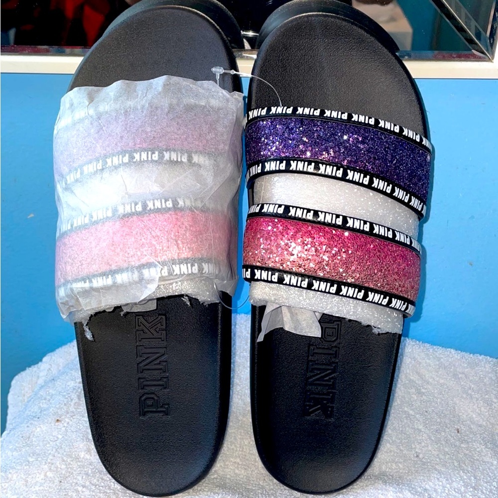 Victoria Secret Pink Sparkling Slides NEW LG